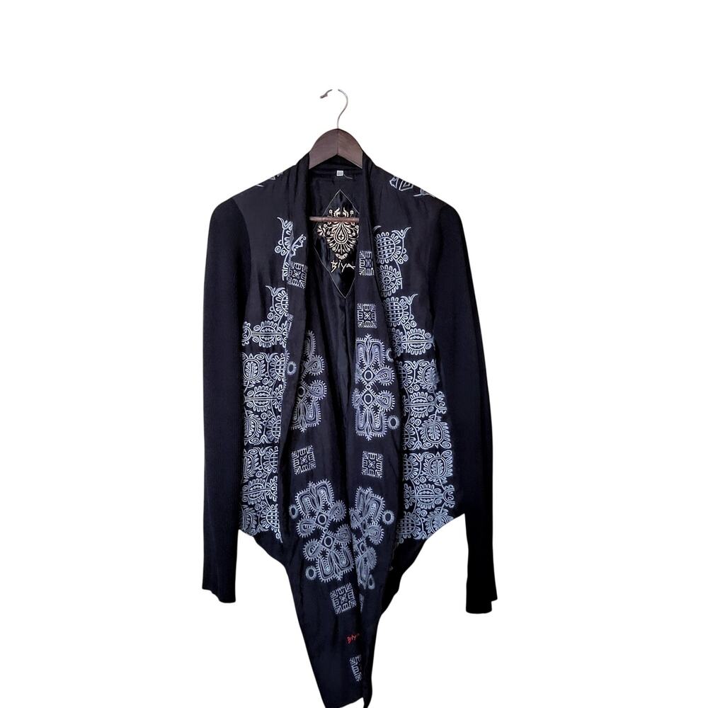 Biya Black and Gold Embroidered Silk-Linen Kimono Cardigan Women's